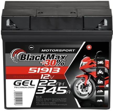BlackMax Motorradbatterie GEL 51913 12V 22Ah 345A EN | Wartungsfreie Gel Starterbatterie | Tourenmaschine Enduro & Quad Blei Gel Akku