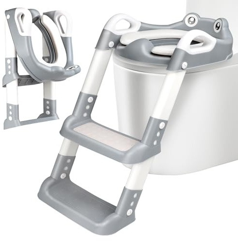 Toilettensitz Kinder mit Treppe, Toilettentrainer für Kinder, 2 IN 1 Toilettentrainer mit Treppe für Jungen und Mädchen, WC Sitz mit PU Gepolsterter Höhenverstellbar & Faltbar, Rutschfest (Grau)