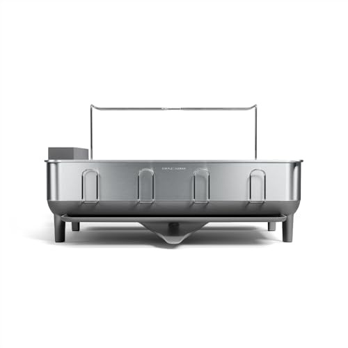 simplehuman KT1181 Stahlrahmen Abtropfgestell Geschirr mit Abtropfschale, Geschirrständer mit Besteckhalter, Küche, Groß, grau, gebürsteter Edelstahl, 5 Jahre Garantie