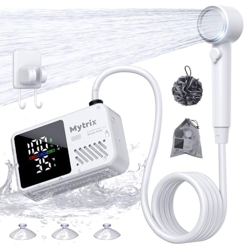 Mytrix Tragbare Campingdusche, Leistungsstarker Wasserfluss von 10L/Min, Wiederaufladbare Duschpumpe mit Badeschwamm, 4 Sprühmodi, IPX8 Wasserdicht, 7800mAh Akku, Ideal für Wandern, Reisen, Autowäsche