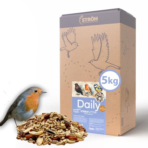 Daily Streufutter schalenlos | 5 kg ganzjähriges Premium Wildvogelfutter | Sonnenblumenkerne, Erdnussbruch, Haferflocken & Rosinen – ohne Schalen für saubere Gärten & Balkone | 100% Natur
