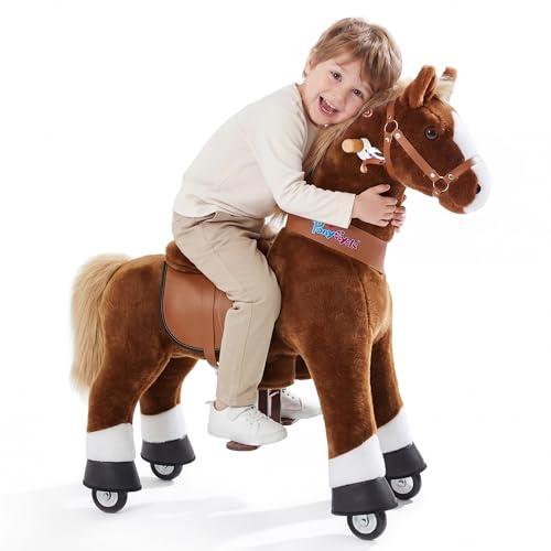 PonyCycle® Modell U Pferd auf Rollen | Schokobraun | 4-7 Jahre | mit Bremse | Reitpferd auf Rollen für Kinder, beweglicher Sattel, Handbremse & Sound, leise Räder, Indoor & Outdoor, Größe 4
