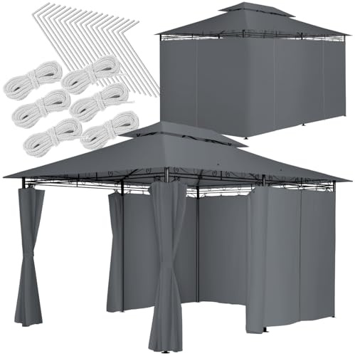 tectake® Luxus Pavillon 3x4, Gartenpavillon mit 6 Seitenteilen, wasserabweisend und UV-beständig, abgesetztes Dach, Pavillon inkl. Spannseile und Heringe, Partyzelt für Garten und Terrasse - anthrazit