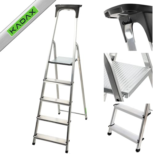 KADAX Klappbare Holzleiter, Bockleiter bis 150 kg, 5-stufige Stehleiter mit Stahlhaken, ideal für Maler und Elektriker