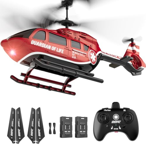 DEERC RC Helikopter, RC-Hubschrauber-Spielzeug, LED-Beleuchtung, 2 Batterien, Höhenhaltung&2,4-GHz-Steuerung, realistisches Rettungsdesign, Kinder und Erwachsene