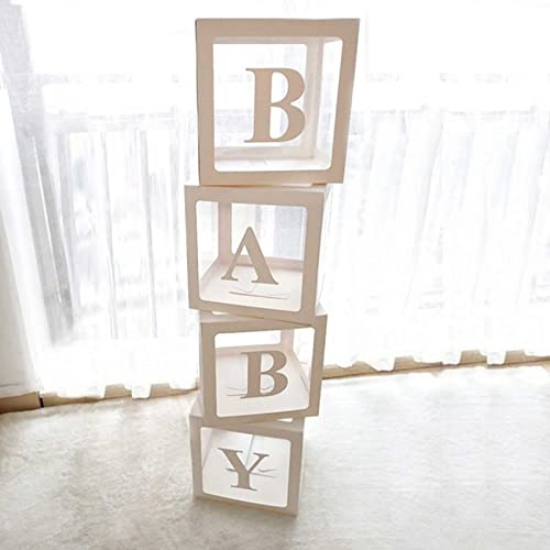 Baby Shower Box Deko für Jungen oder Mädchen, 4 Stück Transparente Baby Ballon Box mit Buchstaben BABY, Babyparty, Ballonboxen für Babyparty Deko, Geburtstag, Babyshower Party, Brautparty