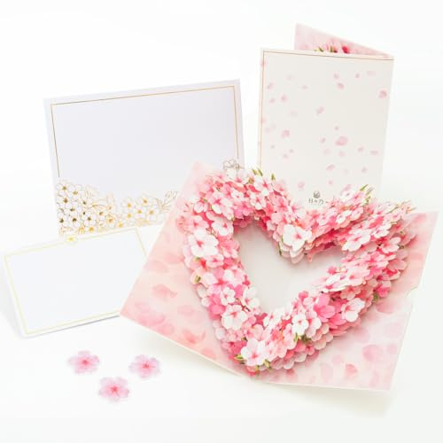 HIBINO 3D Pop-Up Kirschblüten-Herzkarte mit herausziehbarem Nachrichtenzettel – Handgefertigtes Blumendesign – Perfekt für Muttertag, Jubiläen, Geburtstage, Hochzeiten und mehr – Design aus Japan