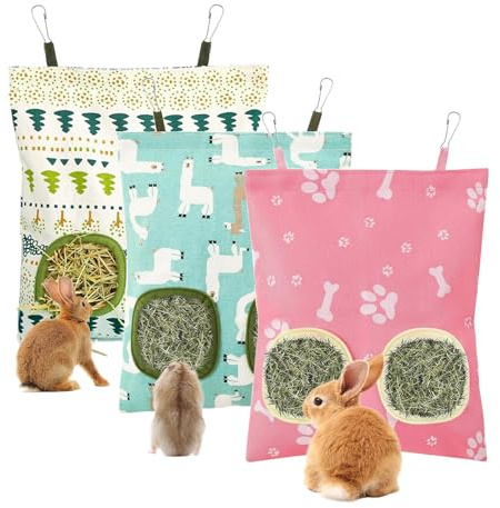 LCUHAVA 3 Stück Heutasche Kaninchen Klein, Hängender Heutasche aus Baumwolle und Leinen, Heusack Aufhängen mit 2 Löchern für Kaninchen Meerschweinchen Chinchillas Hamster, 35,5 x24,5cm