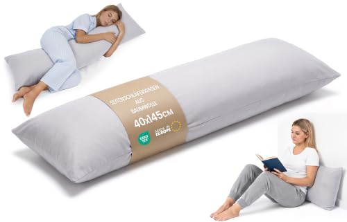 Seitenschläferkissen 40x145 cm ergonomisch Baumwolle mit abnehmbarem Bezug | stützt Wirbelsäule Hüfte und Rücken Schlafkissen für Seitenschläfer und Rückenschläfer hautfreundlich pflegeleicht – Grau