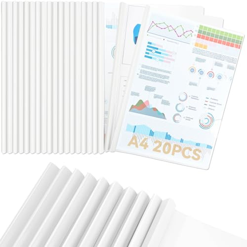 CC ODDHOME 20 Stück Klemmschienen A4, Rückenbreite 10 mm, Klemmmappe A4 90 Blatt Bindekapazität, Klemmhefter für Office Schule File Dokumente Organizer, Weiß