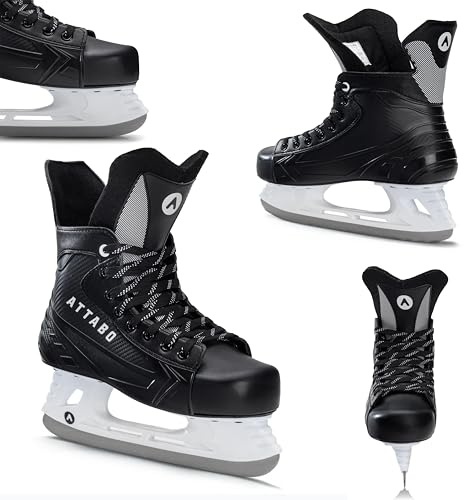 ATTABO Hockey Schlittschuhe Herren in Schwarz Größe 43 EU Eishockey Schlittschuhe mit Schnürung Eislaufschuhe Herren mit Edelstahlklinge Ice Skates Für Anfänger bis 100 kgKomfortabel und Warm