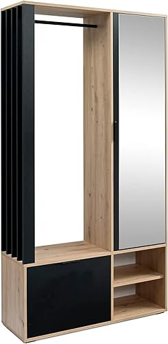 MINIO go for it - Garderoben Set Milo, 100cm Breit, Flurgarderoben Set mit Spiegel, mit Ablage und Schuhschrank, Garderobenschrank Flur, Vorzimmer Möbel, Farbe: Artisan Eiche/Schwarz matt