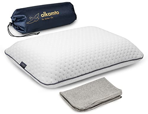 alkamto Reisekissen – Campingkissen – Ergonomisches Memory-Schaum-Kissen mit Temperaturregulierendem Bezug – Extra Baumwollbezug (Weiß Reise- + Extra-Kissenbezug) (40 X 25 X 10 cm - Weiß)