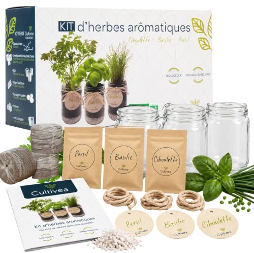 CULTIVEA® Kräuter Anzuchtset für die Küche – Kräutersamen Set mit Basilikum, Petersilie & Schnittlauch – Indoor Kräutergarten mit 3 Glasgefäßen – Kräuter selber ziehen – Geschenkidee