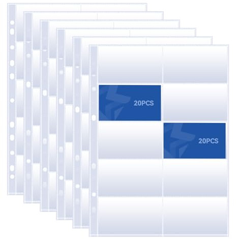 20 Pack Visitenkartenhüllen A4, Klarsichtfolie mit 10 Fächern | Visitenkartenhülle A4, Fotohüllen für Ordner, Transparente Postkartenhüllen mit 11 Löchern, für Visitenkartenhülle