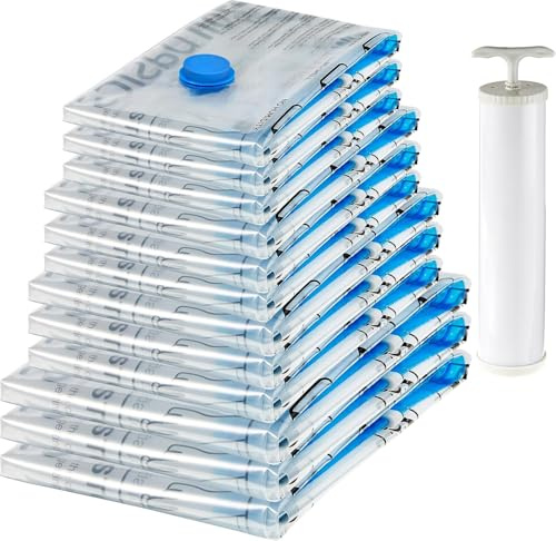 Amazon Basics Vakuumbeutel für Kleidung mit Luftdichtem Ventil und Handpumpe - Mehrere, 3 x Jumbo, 3 x Groß, 3 x Mittelgroß, 3 x Klein, 12er-Pack, Reißverschluss, Durchsichtig