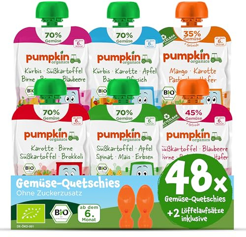 Pumpkin Organics 48er Pack ERSTE LIEBE Bio Gemüse-Quetschies mit 2 Löffelaufsätzen - Quetschie ohne Zuckerzusatz¹ - Beikost unterwegs - für Babys ab dem 6. Monat - Beliebtesten Quetschies (48x100g)