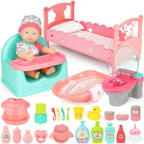 deAO Puppen Set mit Babypuppe & Zubehör, 31-teiliges Puppenzubehör Spielset | Babypuppe mit Trinkfunktion, Puppen Rollenspielset mit Puppenbett, Töpfchen, Kleidung Geschenk für Mädchen ab 3 Jahren