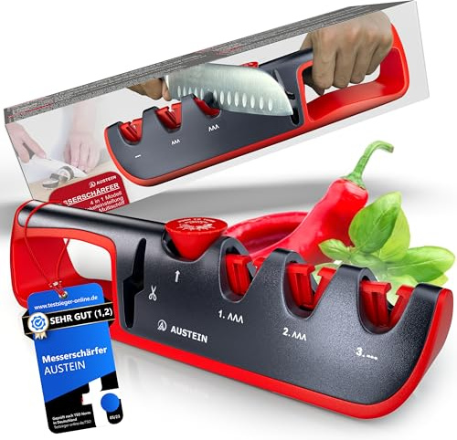 AUSTEIN Messerschärfer QuickSharp 4-in-1, Messerschleifer, Messer schärfen und schleifen wie die Profis (Rot)