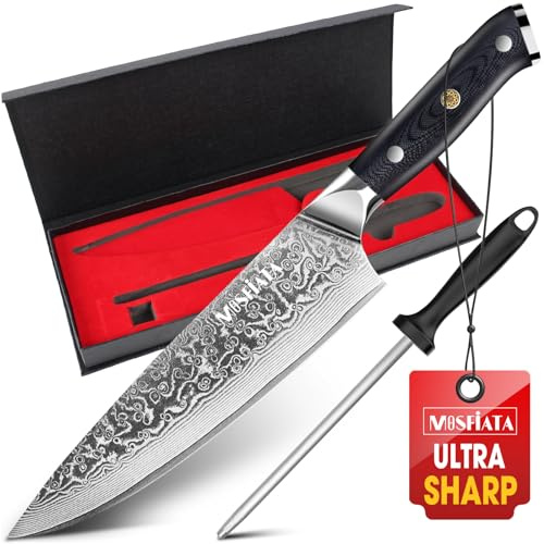 MOSFiATA Damastmesser 8 Zoll, Kochmesser Damast Küchenmesser Damaststahl Japanisches Messer Scharf Chef Knife Profi Fleischmesser, mit Fingerschutz Messerschärfer, Als Geschenk