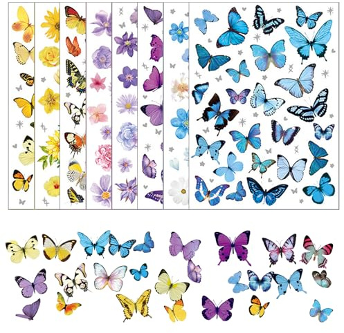 8 Blätter Sticker Blumen Schmetterling, DIY Sticker Set für Scrapbooking und Journaling, PET Aufkleber in 4 Farben, Stickers Aesthetic für Geschenkdeko und Kreative Erwachsene