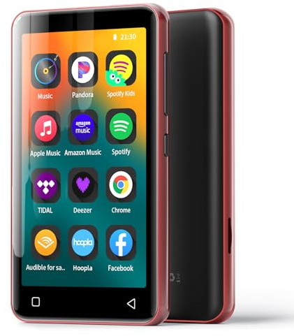 MP3-Player mit Bluetooth und WLAN, 4-Voll-Touchscreen MP4 MP3-Player mit Spotify, Android-Streaming-Musikplayer, tragbarer HiFi-Sound Digital-Audio-Player mit Lautsprecher Schwarz-Rot