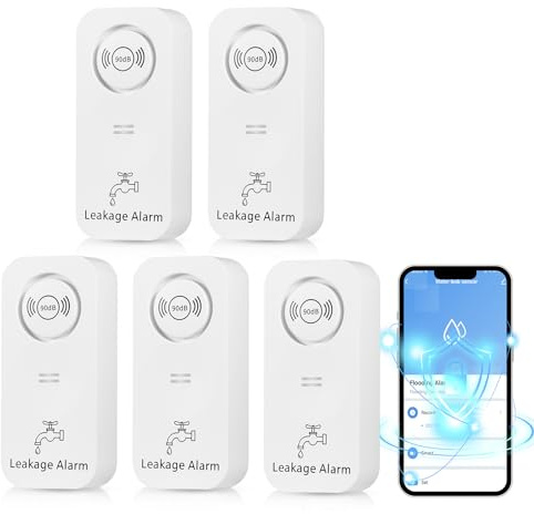 Wassermelder WLAN(2,4 G WiFi), 90 dB Wassersensor Alarm und App Alarm, kabelloser Wasseralarm, WiFi Wassermelder Wasseralarm für Rohre, Schlafzimmer, Küche, Badezimmer, Keller (5er-Pack)