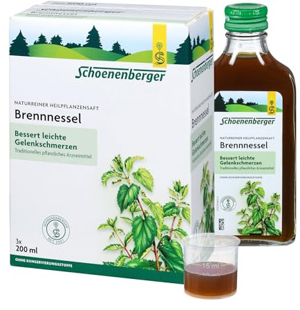 Schoenenberger - Brennnessel naturreiner Heilpflanzensaft - 3x 200 ml Glasflasche - natürliche Linderung für Harnwege und Gelenke - freiverkäufliches Arzneimittel - bio