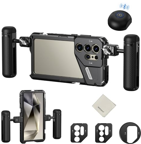 NEEWER PA042 S24 Ultra Handy Cage Käfig Video Rig Stabilisator mit PA045S Seitengriff, PA045E Bluetooth Auslösergriff 67mm Filter Adapter 17mm hintere Objektiv Plate, T Mount Objektivadapter Wischtuch