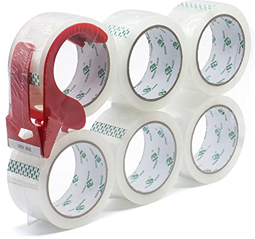 BOMEI PACK Packband Paketklebeband Transparent mit Plastik Abroller, Paketklebeband 48mmx66m, 6 Rollen