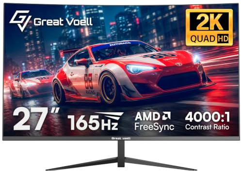 Great voell 27 Zoll Curved Gaming Monitor, QHD 2560 x 1440, 165Hz | 1800R VA PC Bildschirm, 1ms Reaktionszeit, FreeSync, HDR10, 98% sRGB, 4000:1, HDMI DisplayPort, VESA 100x100, PC und Konsole