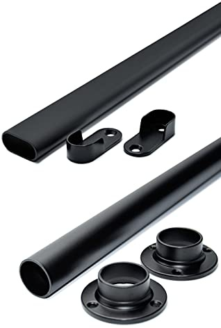 RSR Hangers Kleiderstange Schrankrohr Schrankstange für Kleiderschrank 100 cm | Schwarz | Oval | Rund | mit Schrankrohrlager Set (Rund)