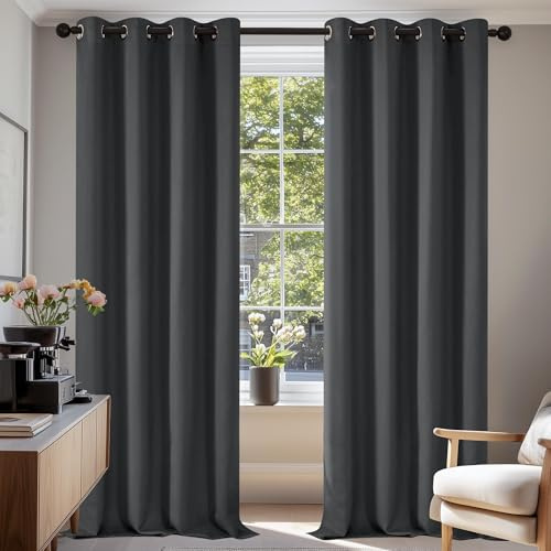 Deconovo Blickdichter Vorhang mit Ösen Verdunklungsvorhänge Dunkelgrau | 2er Set, H245 x B140 cm, Ösengardinen für Wohnzimmer und Schlafzimmer, Verdunkelnde Gardinen, Wärmeisolierend,UV-schutz
