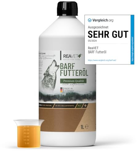 TESTURTEIL SEHR GUT 05/24 ReaVET Profi Futteröl Hunde 1 Liter, 1. Kaltpressung, kaltgepresst, Barföl, Futteröl Hund, hochwertige & perfekte Mischung, Barf Zusatz für Hunde I natürlich & artgerecht
