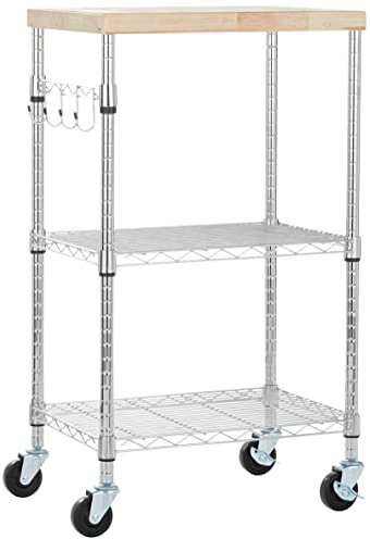 Amazon Basics 3-Ebenen Servierwagen mit Abnehmbarer Holzplatte sowie höhenverstellbaren und 2 verchromten Böden mit Einer Gesamt-Tragkraft von 79.5 kg, 53 x 38 x 92 cm, Holz/Chrom