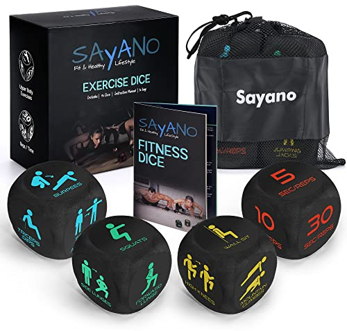 Sayano - 4 Fitnesswürfel Workout Set für Home & Outdoor Training – Fitness Dice Trainingswürfel für Kraft, Cardio und HIIT Übungen – Fitnessspiel mit Tasche und Anleitung