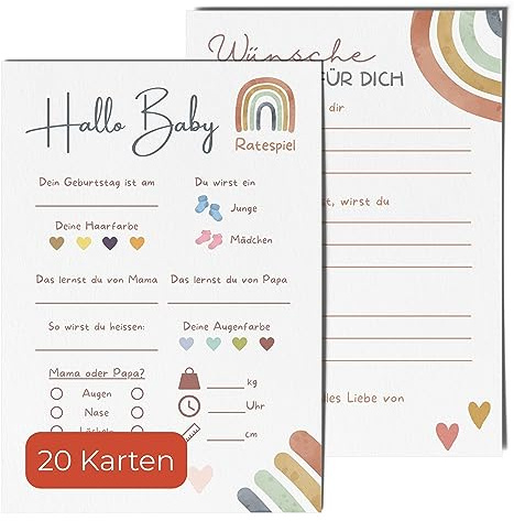 Bartschibär 20 Ratespielkarten für Babypartys - Babyparty Spiele für Gender-Reveal-Party und Babyshower, Tippkarten für Baby Mädchen und Jungen 20 Stück (Rainbow)