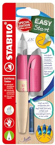 STABILO - Ergonomischer Schulfüller für Rechtshänder - EASYbirdy Timber | Anfänger-Feder A, pink, inkl. Patrone