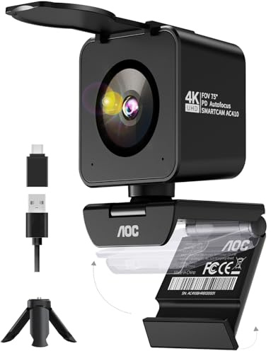 AOC UHD Webcam 4K, Webcam mit Objektivabdeckung, Dual Mikrofon, 75° Ansicht | Streaming Kamera mit Autofokus, Automatische Lichtkorrektur, Plug & Play, PC Kamera für Konferenzen, FaceTime, Win10, Mac OS