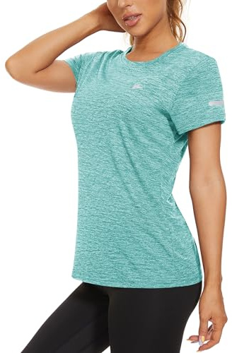 KEFITEVD Sport Tshirt Damen Funktionsshirt Atmungsaktive Fitness Shirt Rundhal Laufshirt Kurzarm Regular Fit Hellgrün L