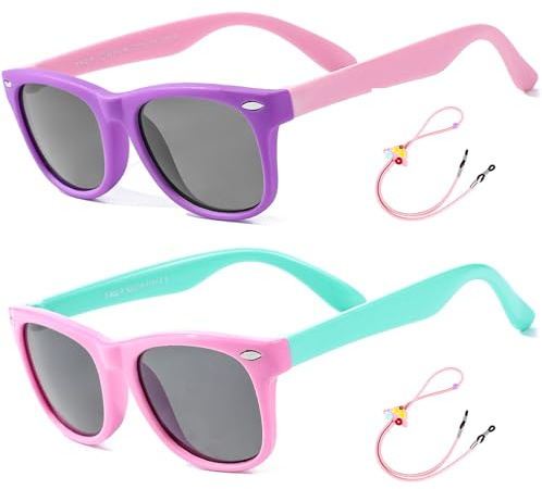 Rocf Rossini Kinder Sonnenbrille Flexibel Polarisierte Shades für Baby Jungen und Mädchen UV400-Schutz Brillen Alter 2-8 （ Lila/Rosa + Rosa/Cyan ）