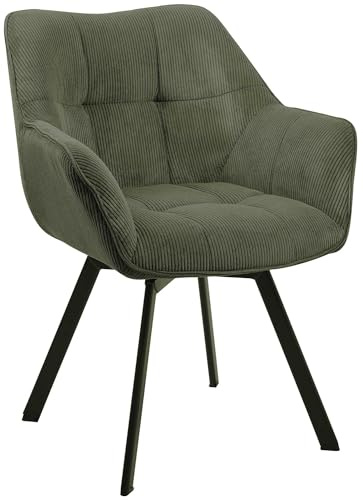 CLP Esszimmerstuhl ergonomisch Jordi Cord, drehbar mit Armlehnen, Polstersessel, 4-Fuß-Metallgestell, bis 150 kg, mit Bodenschonern, Farbe:grün