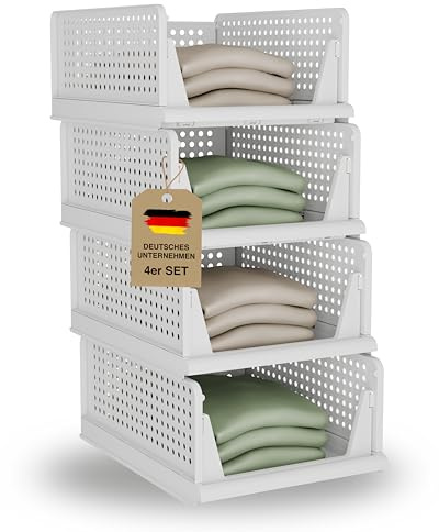 VMbathrooms Kleiderschrank Organizer 4er-Set faltbar & stapelbar | Aufbewahrungsbox für Kleidung platzsparend & pflegeleicht | Ordnungssystem hochbelastbar & stabil | passt in alle Standard-Regale
