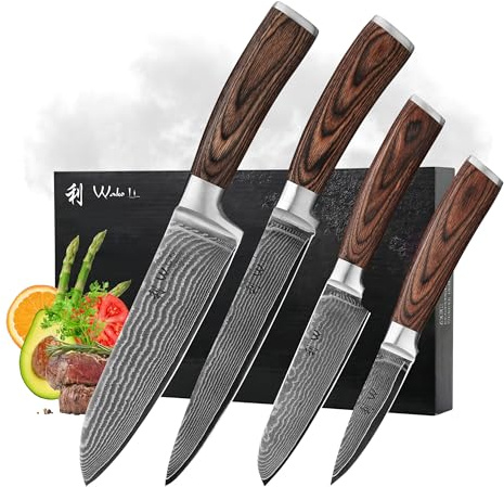 Wakoli EDIB 4-teiliges Küchenmesser Set aus Damaststahl (VG10 Kern) in edler Geschenkbox – Scharfes Damastmesser Set mit Pakkaholzgriffen – Messerset mit 2x Santoku, Fleischmesser & Officemesser