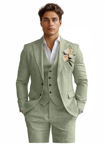 Herren-Anzüge aus Leinen, 3-teilig, schmale Passform, Smoking, Anzug für Herren, Strand, Hochzeit, formelle Business-Anzug, Bräutigam, Abschlussball