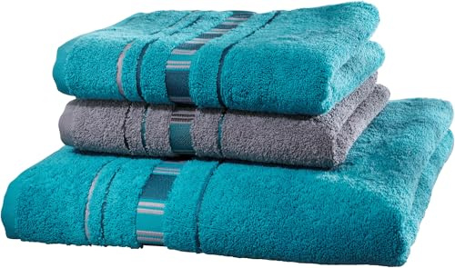 Erwin Müller Frottier Handtuch-Set, Frottier-Set - Achern türkis/grau Größe - beidseitige Schlaufen, 100% Baumwolle, 500g/m²