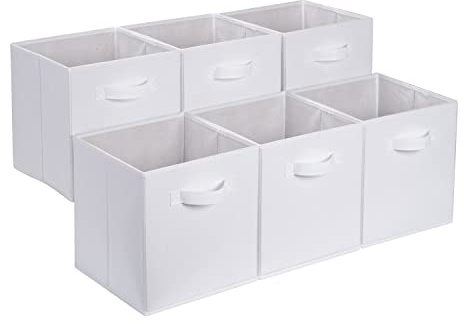 Amazon Basics zusammenklappbarer Aufbewahrungswürfel/Organizer aus Stoff mit Griffen, 33 cm x 33 cm x 33 cm, Einfarbig Weiß, 6 Stück