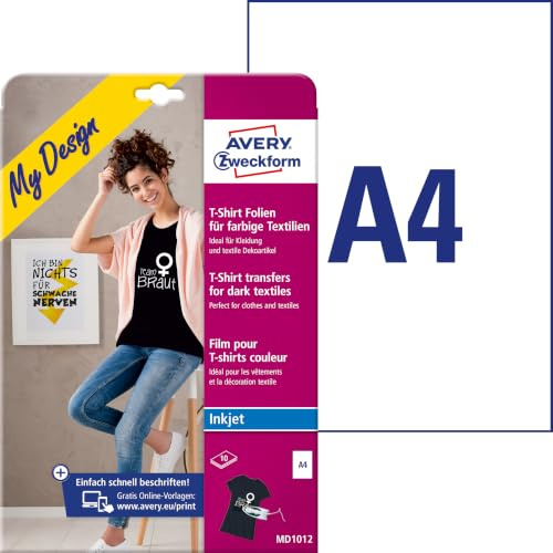 AVERY Zweckform 10 Textilfolien, T-Shirt selbst gestalten, - bedrucken (Bügelfolie, farbige Textilien, DIN A4, bedruckbare, Folie zum Aufbügeln, Transferfolie für Inkjet-Drucker) MD1012