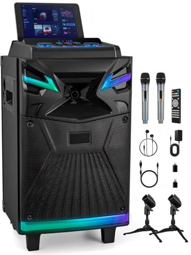 Karaoke Maschine mit 2 Mikrofone, Bluetooth Partybox Lautsprecher 600W, 10'' Subwoofer PA Anlage mit LED Lichteffekte, Echo & Soundeffekte, Live Streaming für Handy & PC, USB/TF/FM GTSK10-1