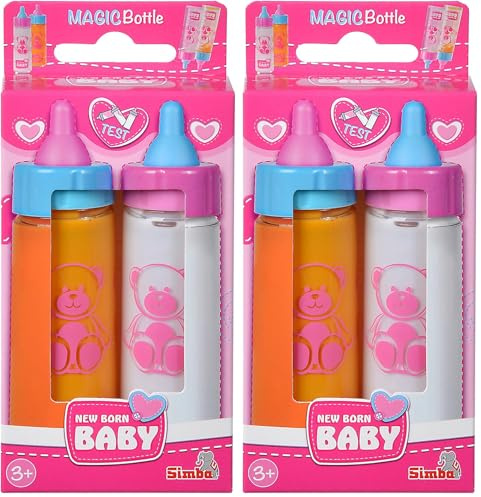 Simba 105560011 – New Born Baby Magische Milchfläschchen, 2 Stück, für Babypuppen, Spielpuppen, mit verschwindendem Inhalt, 1x Milch, 1x Saft, 12cm, Puppenzubehör, Puppen Mama, für Kinder ab 3 Jahren